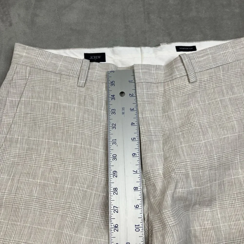 J Crew Suit Pants Mens 33x30 Beige Linen Windowpane Plaid Thompson Lightweight